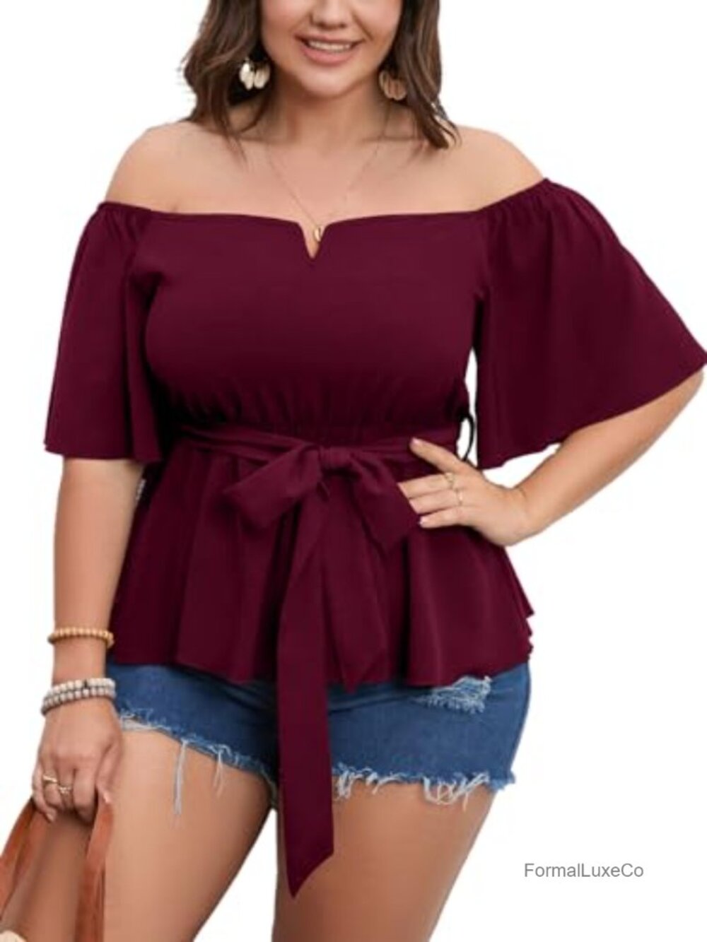 Plus Size Peplum Blouse Off Shoulder Bell Sleeve Tie Waist Ruffle Hem Babydoll